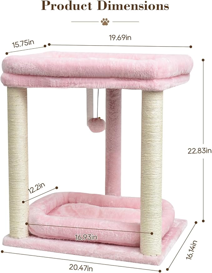 SYANDLVY Small Cat Tree for Indoor Cats with 2 Levels Perch Platforms | Natural Sisal Scratching Post Tower with Hanging Bell Ball & Anti-Tip Strap, Stable Cat Perch Furniture for Kittens, Pink