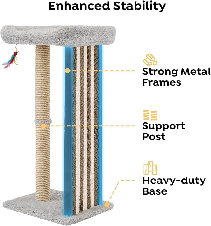 Veehoo 35" Tall Cat Scratching Post for Indoor Cats, Sturdy Cat Scratch Pad | Scratch Post with Plush Top Bed & Replaceable Metal Frame Scratching Board, Easy assembly