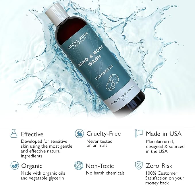 SoCal Suds & Company Organic Shea Butter Body Wash, 2-Pack – Fragrance-Free Liquid Castile Soap for Hand & Body, Moisturizing Plant-Based Organic Soap for Women, Men & Sensitive Skin (12oz Each)