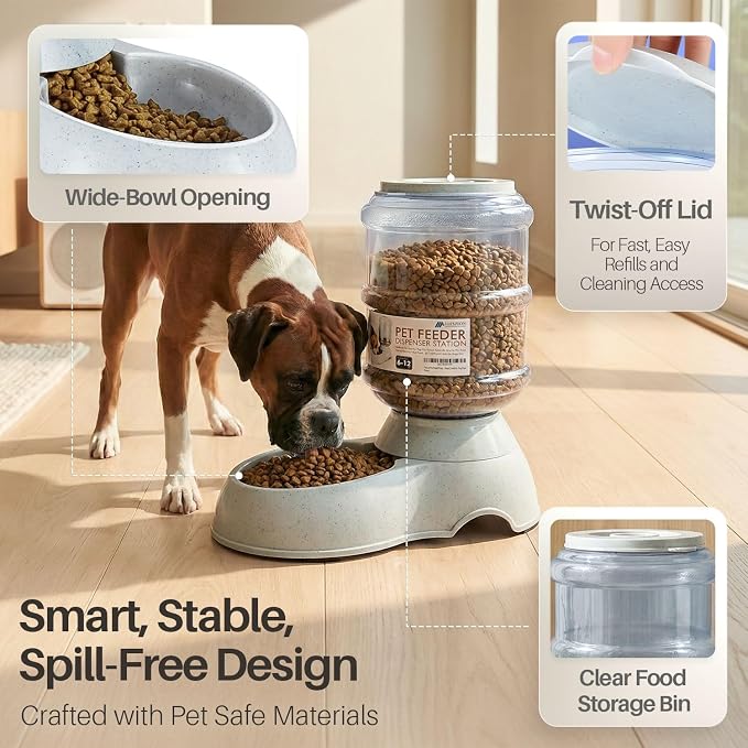 Flexzion Gravity Pet Feeder, Dog and Cat Food Dispenser, 1-Gallon Capacity | Self-Replenishing Dry Food Station with Non-Skid Feet and a Carry Handle; Holds Approximately 4-6 Lb Of Kibble