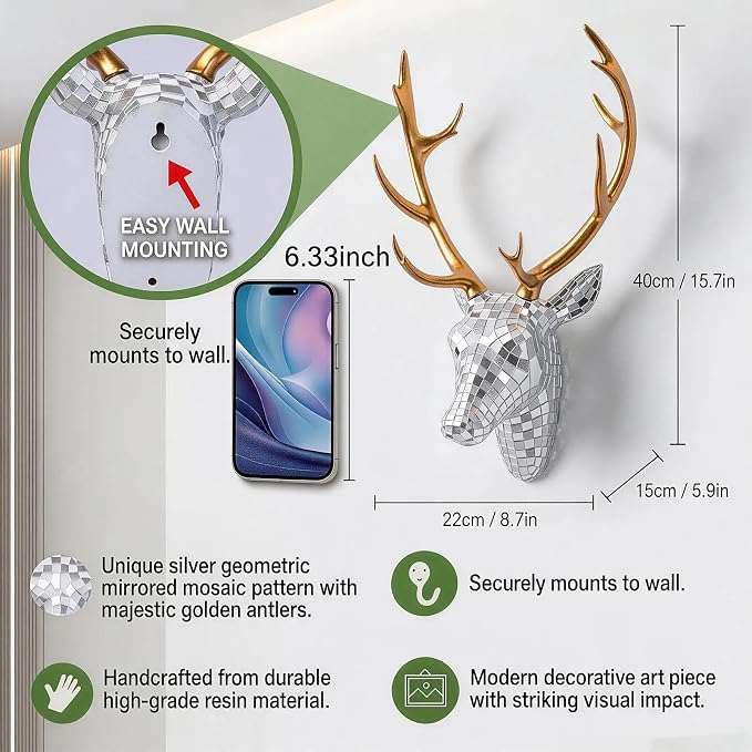 GIGICICI Mosaic Deer Head Wall Decor 15.7x8.7 Inch, Artistic Faux Resin Animal Head Wall Sculpture Hanging for Living Room Bedroom Kitchen Office, White-Silver Gift