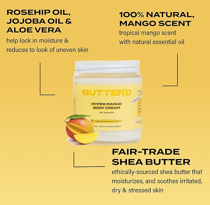 Butter'd Bodycare Hyper Mango Body Cream Mango Scent, Premium Body Butter for Improving Hyperpigmentation Hydrating Rich in Vitamin C, Rose Hip Oil, Jojoba Oil (4 oz)