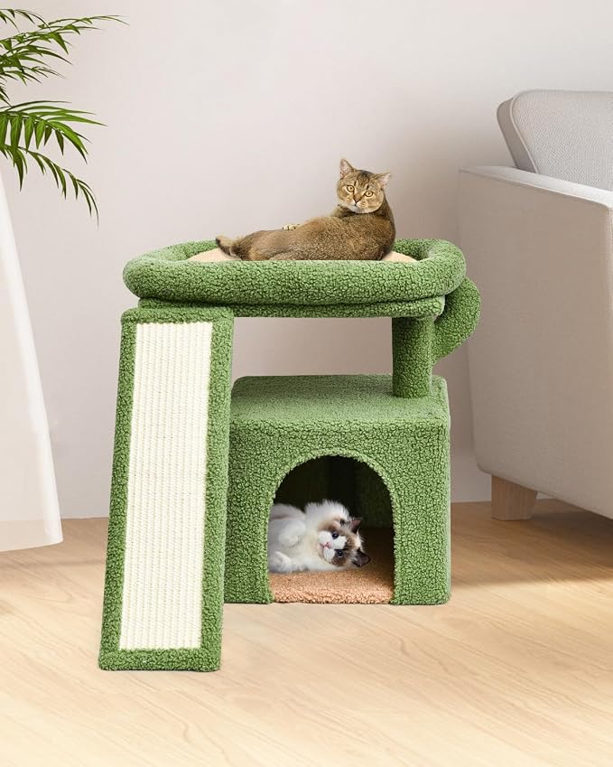 Small Cactus Cat Tree for Indoor Cats, Green Cat Tower with Scratching Post & Board, Unique Cactus Cat House with Perch for Kittens, Stable Condo and Stand (Green)
