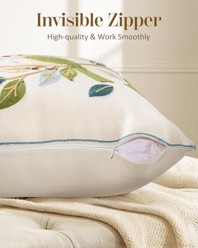 Animal Embroidered Throw Pillow Cover 20x20 Inch, Floral Birds | Decorative Pillow Cover, Cottagecore Cushion Cases with Hidden Zipper, Farmhouse Decor for Couch, Sofa, Living Room
