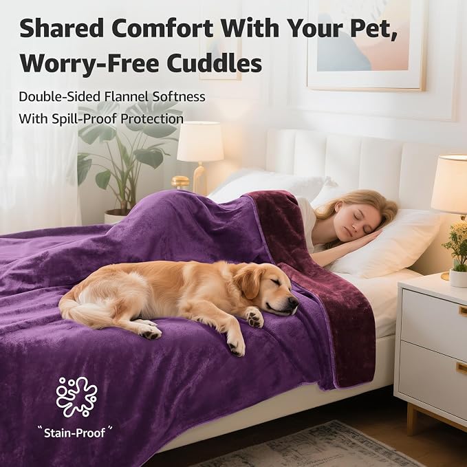 LOOBANI Waterproof Blanket for King Bed, Reversible Purple Flannel 85"x108" | Waterproof Dog Blankets for Large Dogs, Spill-Proof Sofa Cover for Family Movie Nights, Camping, Travel, Noise Free