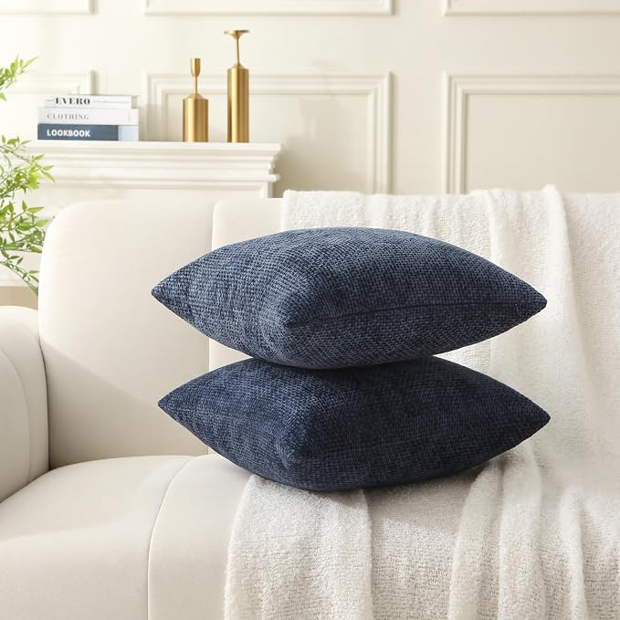 18" x 18" Decorative Throw Pillow with Inserts, Set of 2 Soft Modern Farmhouse Weave Pattern Throw Pillows, Square Boho Pillow for Couch, Bed, Sofa Decor (Navy Blue, 18" x 18"(Pack of 2))