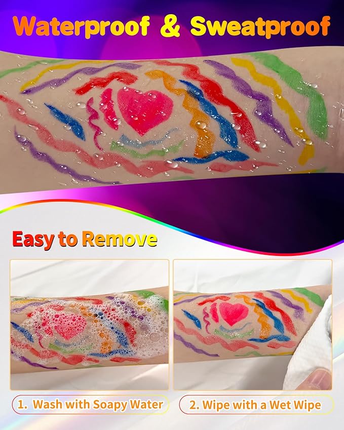 Oiomniv Glow in The Dark Face Paint Markers, 10 Colors UV Neon Body Paint Pens, Waterproof & Skin-Safe Blacklight Tattoo Markers, Washable Temporary Tattoo Pens for Christmas, Festivals & Parties