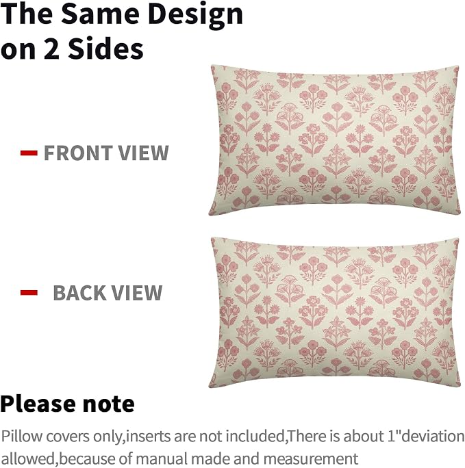 Pink Floral Pillow Covers 12x20 Inch Set of 2, Block Print Lumbar Flower Cream Decorative Throw Pillowcases Outdoor Farmhouse Rectangle Cushion Covers Spring Summer Sofa Couch Bed Decor