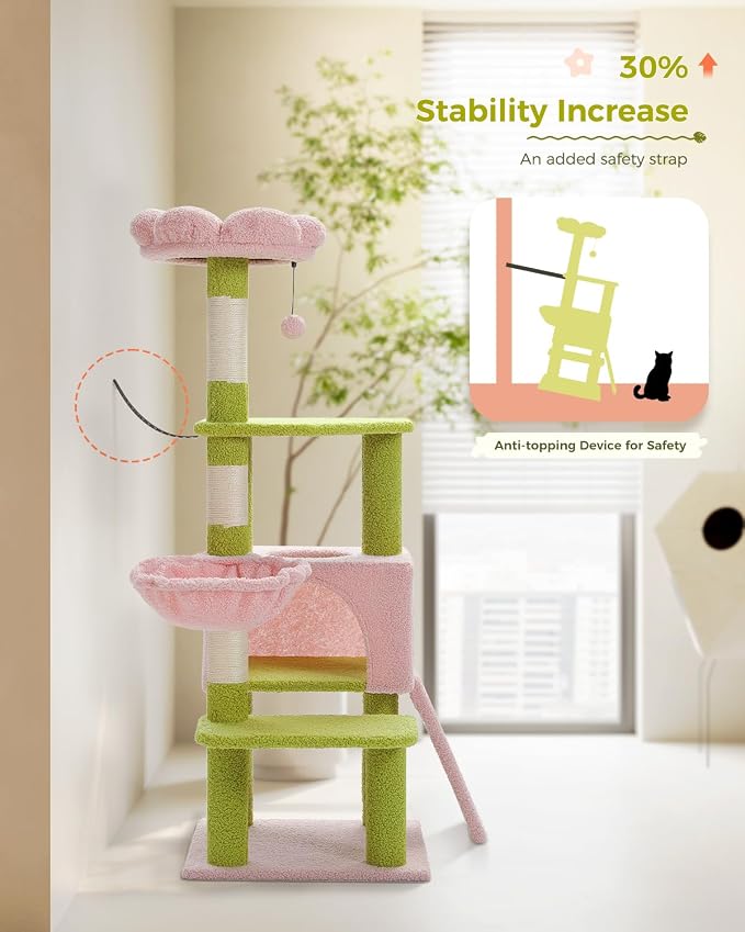 Flower Cat Tree 47.2" Multi-Level Cat Tower with Sisal Covered Scratching Posts, Cute Cat Condo for Indoor Small Medium Cats, Pink Top Perch, Fluffy Ball, Pink | Multi-level layout, Sisal-wrapped posts, Pink flower perch, Fluffy ball toy, Cozy condo, F...