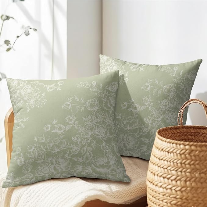 Kawani French Country Throw Pillow Covers 22x22 Inch Pack of 2, Vintage White Floral Green Pillowcase Square Cotton Linen Cushion Case for Couch Sofa Bed Office Car Home Outdoor Decor