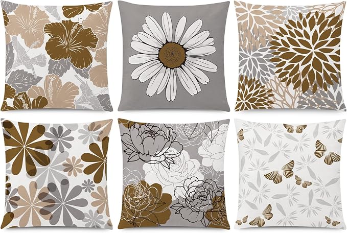 COMMINY Brown Grey Pillow Covers 18x18 Set of 6 Decorative Daisy Flower Throw Pillow Cover for Couch Modern Coffee Pillow Case for Patio Living Room Cushion Bed Farmhouse Home Decor | brown daisy Floral, decorative cushion cover, Breathable Linen, stan...