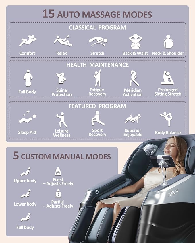 RELX Massage Chair Full Body, 20 Modes Zero Gravity SL-Track Shiatsu Massage Chair Built-in Heat System, Airbag Massage with Body Scan, Deep Yoga Stretch, Calfrest Extension and AI Control(Black)