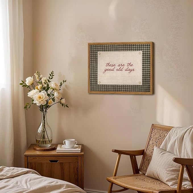 Framed These Are The Good Old Days Wall Art, Vintage Family Inspirational Quote Pictures Wall Decor, Retro Green Gingham Paintings Prints Motivational Home Decor for Living Room Bedroom 12x16 inch