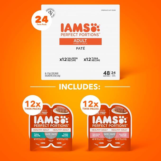 IAMS Perfect Portions Healthy Adult Pate Wet Cat Food, Variety, 24 Count | Grain-free, Omega 6 & 3 Fatty Acids for skin & coat, prebiotics & beet pulp, Vitamin E immune support, 2.6 oz twin-pack trays