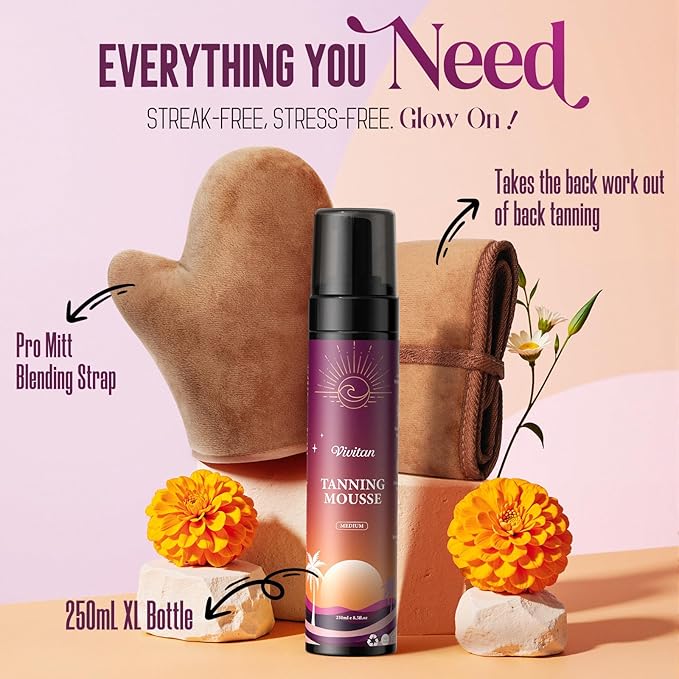 Self Tanner Mousse for Women - Medium Bronze Sunless Tanning Foam with Fake Tan Mitt & Strap, Buildable Natural Glow, Aloe Vera & Coconut, Vegan, Streak-Free, Odorless (8.5 Fl Oz)