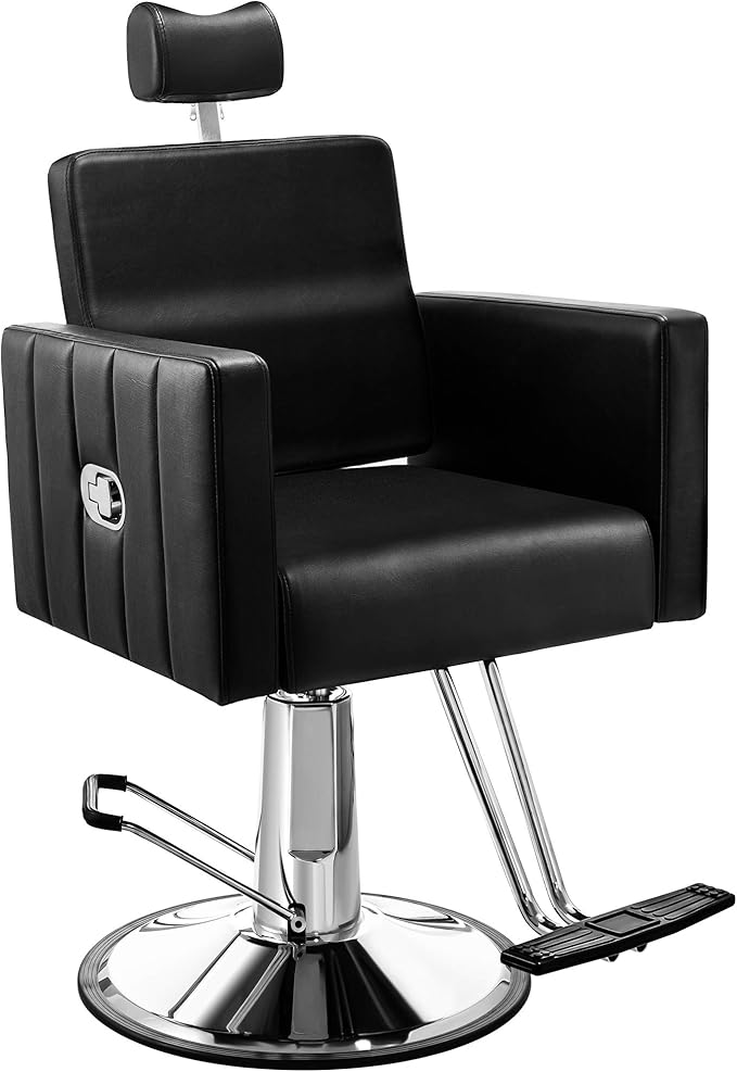 Baasha Reclining Black Salon Chair with Adjustable Headrest, All-Purpose Hydraulic Styling Chair, Soft PU Leather, Heavy-Duty Steel Frame, 440 lbs Capacity, for Haircut, Braiding & Tattoo