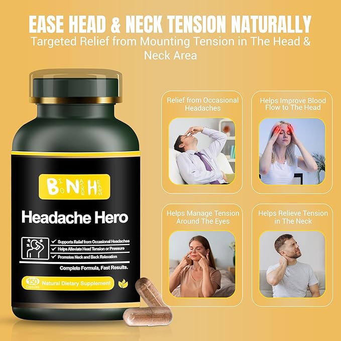 Headache Hero - Relaxes Head & Neck Muscles - Helps Prevent Future Migraines - Not for Immediate Relief - Improves Oxygen to Brain - 14 Natural Ingredients - Tension in Shoulders & Scalp - 150 Count