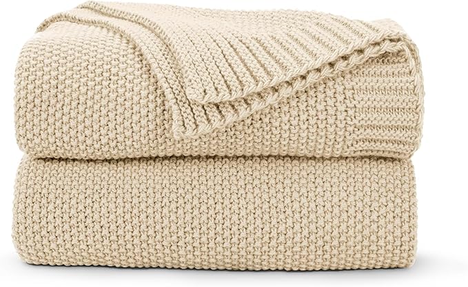 CozeCube Light Beige Seed Stitch Throw Blanket 50"x60", Farmhouse Decor | Blanket for Couch, Soft Cozy Cable Knit Throw for Bed Sofa Living Room, Lightweight Warm Decorative Christmas Blanket
