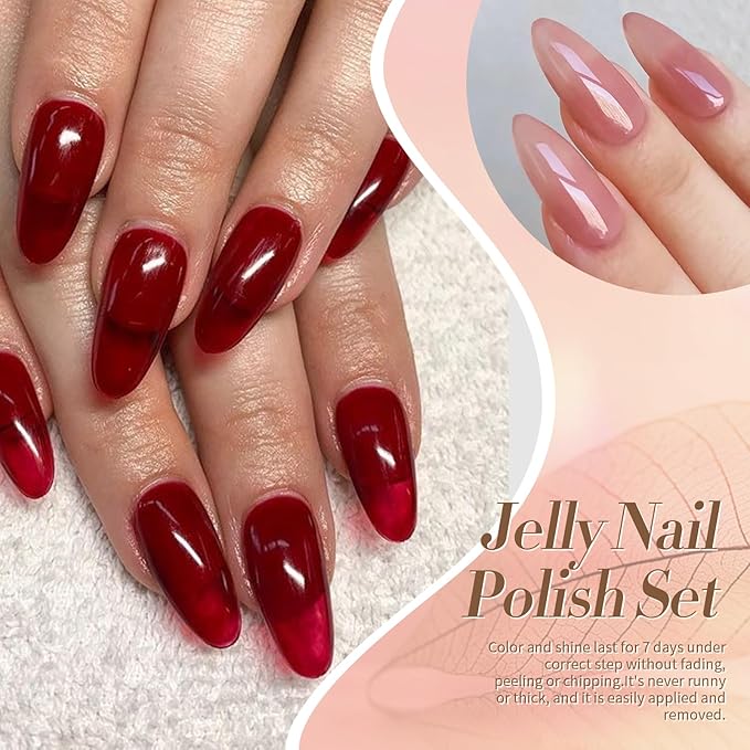 Born Pretty Jelly Nail Polish Set, 6 Colors Sheer Nude Natural Red Pink Brown Colors Quick Dry Nail Polish Jelly Transparent Spring Summer Fingernail Polish for DIY Nail Art Salon Home Gifts