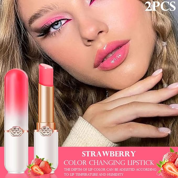 BINGBRUSH 2 Pcs Strawberry Color Changing Lipstick Queen,PH Mood Long Lasting Labiales Lip Gloss Lip Balm Tinted Magic Lip Stain Makeup Lipstick Set for Women