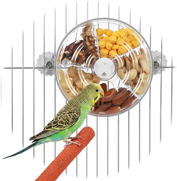 Bird Foraging Toy Interactive Slow Feeder with Rotating Treat Wheel Creative Enrichment Puzzle for Small & Medium Parrots Cockatiel Parakeet Conure - Clear