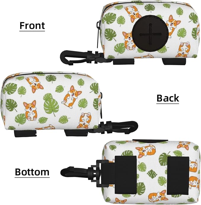 Cute Corgi Funny Fat Dog Tropical Leaves Dog Waste Bag Dispenser Pet Poop Bags Holder Zipper Small Doggy Puppy Pouch