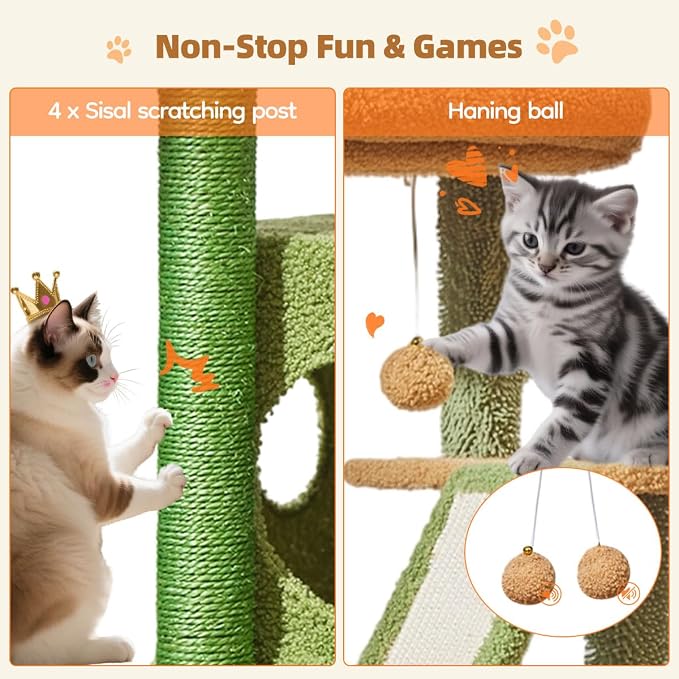 Taoqimiao Cactus, Cat Tree, 38.5In Cat Tower for Indoor Cats, for Kittens | Thick Padded Top Perch, Luxurious Cat Condo, Adjustable Basket, 1-Piece Ramp Scratcher, 3 Natural Sisal Posts, MS029ST