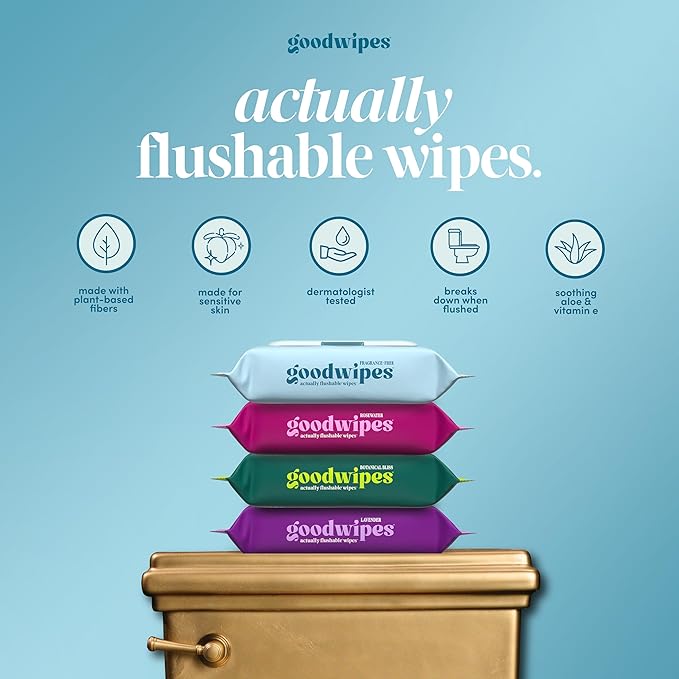 goodwipes Flushable Wipes - Unscented Butt Wipes for Adults, Septic Safe, Guest Bathroom Essentials for Women & Men, pH Balanced for Sensitive Skin - Fragrance-Free, 153 Count (3 Packs and 3 Singles)