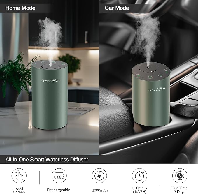 Waterless Essential Oil Diffuser Starter Kit - No Water Needed, Battery Operated Mini Scent Air Machine, Included 3x20ML Essential Oils, Portable Aromatherapy Diffuser for Home & Car & Office, Green
