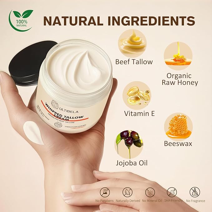 100% Grass-Fed Handmade Beef Tallow for Skin Care, Whipped Tallow and Honey Balm for Body ＆ Face Natural Body Cream for Dry & Sensitive Skin, 4OZ (Unscented)