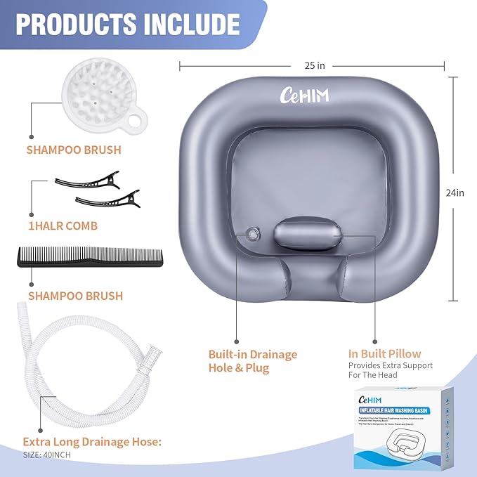 Inflatable Shampoo Basin - Portable Shampoo Bowl, Hair Washing Basin for Bedridden, Disabled,Injured, Hair Wash Tub for Dreadlocks and at Home Sink Washing (Silver)