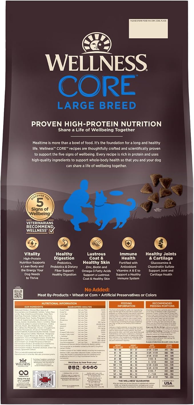 Wellness CORE Grain-Free High-Protein Large Breed Adult Dry Dog Food, Made in USA with Real Chicken & Natural Ingredients, With Glucosamine & Chondroitin to Support Joint Health (26-Pound Bag)