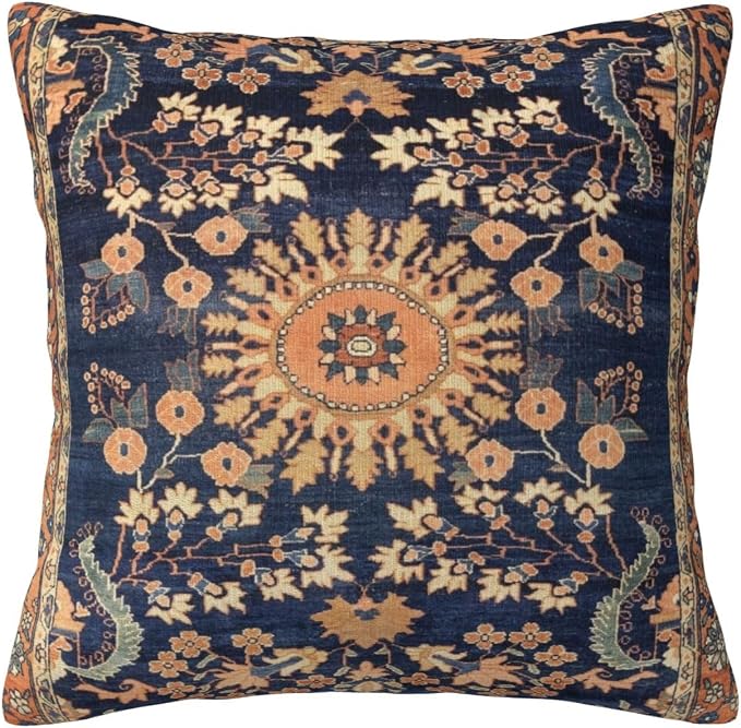 Persian Floral Rug Print Navy Blue Pillow Covers Decorative Square Throw Pillowcase 18x18 Inch Couch Cushion Cover for Home Decor Living Room Bedroom College Dorm Bed Car Sofa