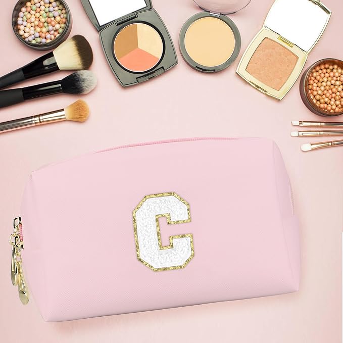 Initial Makeup Bag, Personalized Preppy Letter Monogram Cosmetic Bag | Waterproof PU Material, Compact Size, Large Capacity 7.09 x 2.95 x 3.94 in, Surprise Gift for Daughters and Teens