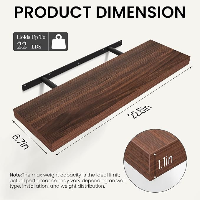 BAYKA Walnut-Like Floating Shelves 22.5in, 2 Pack, Wall Mounted Wall Decor | Easy Install, 22lbs Max Load, Hidden Bracket, Shelf for Bathroom Bedroom Kitchen Books Display Storage, Multi-Wall Compatible