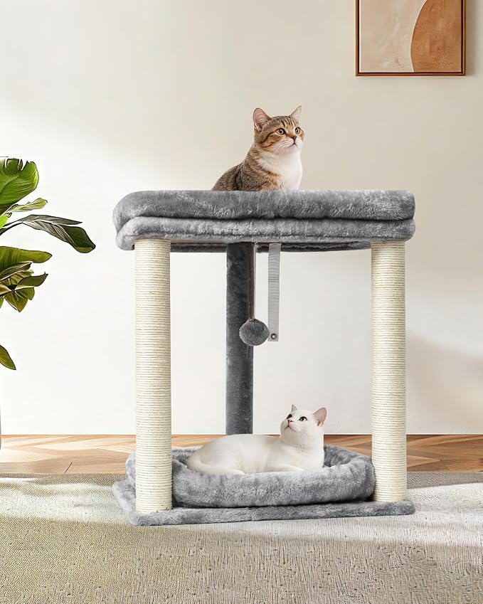 SYANDLVY Small Cat Tree with 2-Tier Perch Platforms, Scratching Post Tower | Natural Sisal, Hanging Bell Ball & Anti-Tip Strap, Modern Cat Furniture for Indoor Cats, Grey