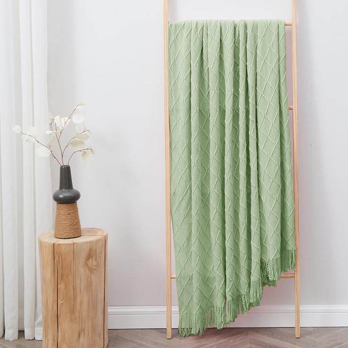 inhand Basil Green Knitted Throw Blanket for Couch and Bed, 60"x80" | Throws for Her or Him, Soft Farmhouse Woven Blanket, Tassel, Lightweight Decorative, Cozy Knit, Warm Living Room Home Decor