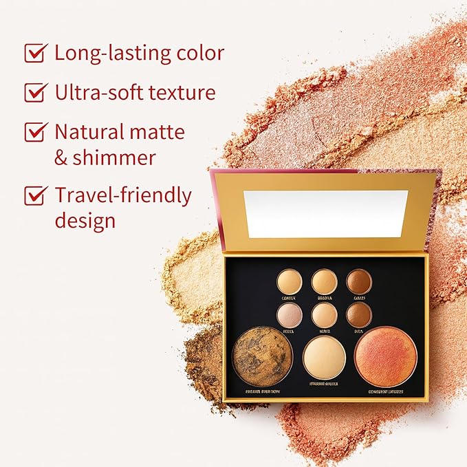 K'APEINE All in One Baked Makeup Palette, Eyeshadow, Blush Highlighter & Bronzer Face Kit Neutral Tones Baked Powder Palette with Matte Shimmer Finish Hign Pigment Full Face Makeup Gift Set for Women