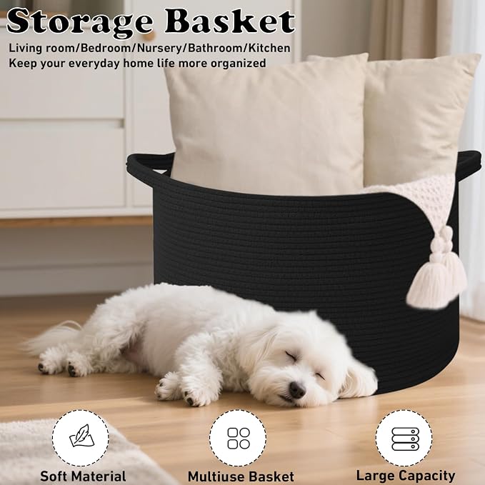 115L Extra Large Blanket Basket,Woven Rope Laundry Basket-Black | Collapsible, reinforced handles, nursery storage bin organizes clothes, toys and pillows for living room, bedroom bathroom