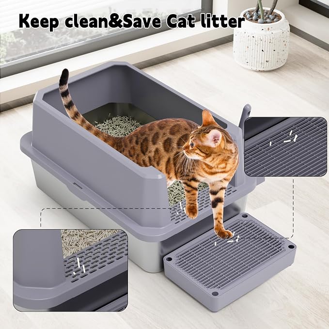 RIZZARI Open Cat Litter Box: Stainless, High Sided, Easy Clean | Spacious for Large Cats / 304 Stainless Anti-Odor / 6.5" Splash Guard / Leak-Proof Seams / Apartments & Laundry