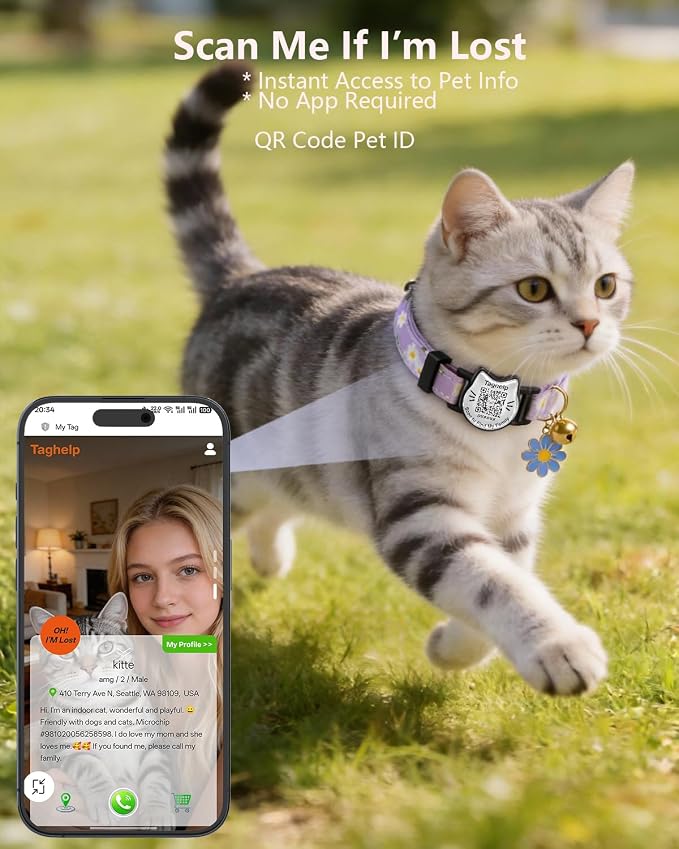 Breakaway Cat Collar with QR Code Tag and Bell (Pink & Purple, Pastoral Style)