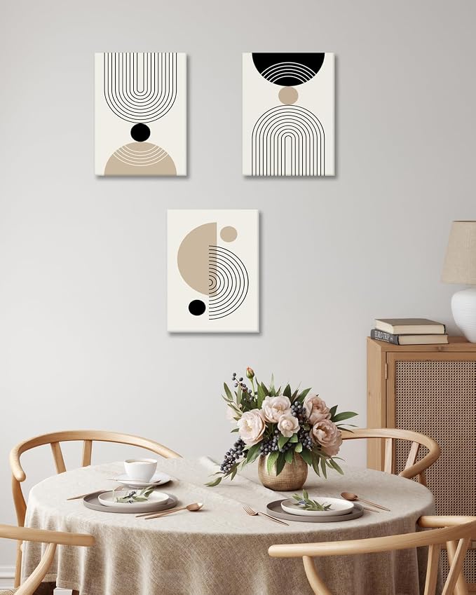 HesenDot Abstract Geometric Wall Art Set of 3, 30x40CM Minimalist Line Framed Canvas Prints, Boho Modern Neutral Beige Black Shapes Wall Decor for Living Room Bedroom Bathroom Office Home