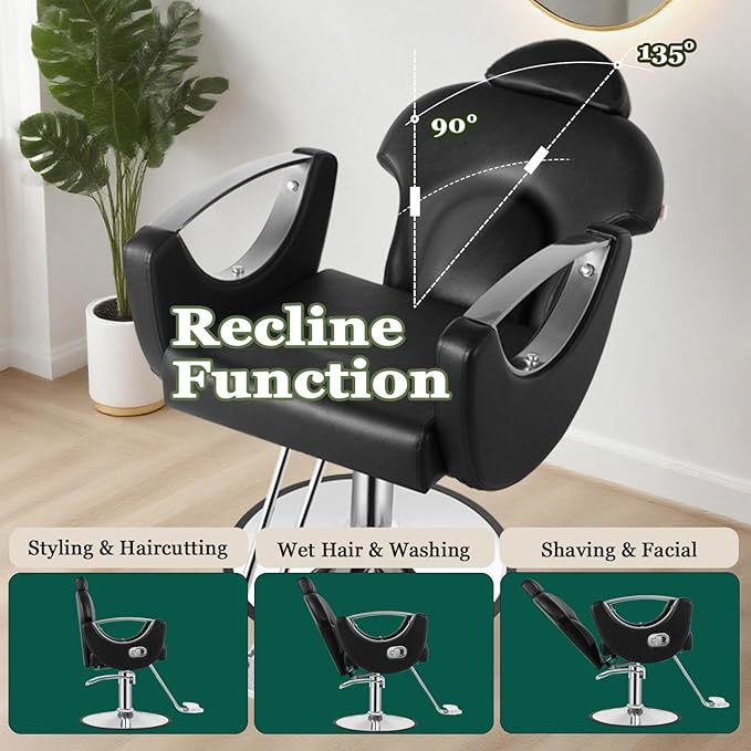 Black Reclining Salon Chair for Hair Stylist, Heavy Duty Hydraulic Pump Barber Hair Chairs, 360 Swivel Styling Chairs for Home Barbershop Beauty Spa Equipment