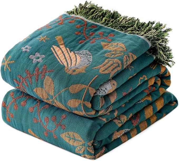 LUTBM Boho Throw Blanket for Couch 50"x60", 100% Cotton Soft Bed Blankets | Reversible Floral Birds Embroidery Throws, All-Season, For Chair Sofa Living Room Bedroom, Lightweight Breathable, Home Decor