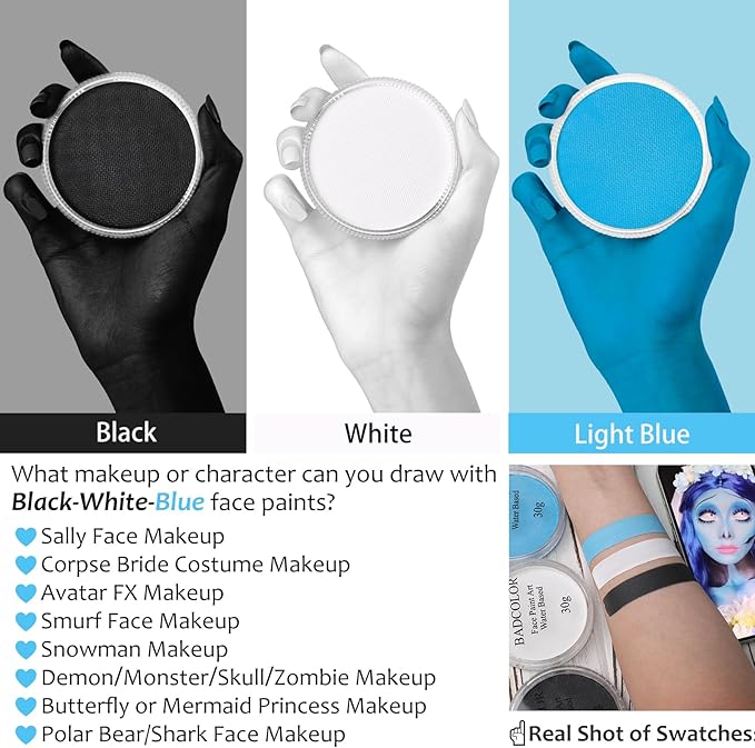 White Black & Light Blue Sally Makeup Face Body Paint, Corpse Bride Face Painting Kit with Painting Brushes for Halloween, Water Based Face Paints for Smurf Avatar Mermaid & Demon SFX Costume Make-Up