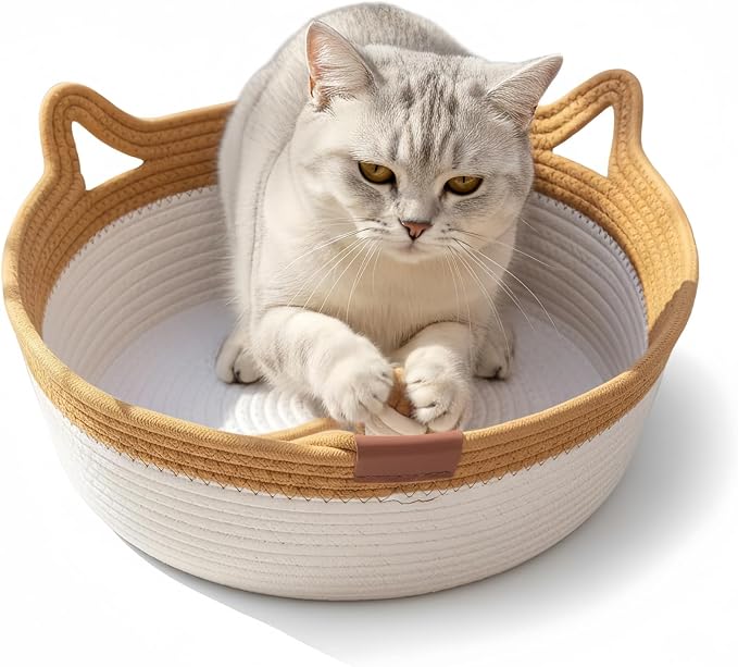 Instinct Basket for Cats - Handwoven Cotton Rope Enrichment Bed with Attached Toy Tail, Scratchable Interactive Pet Nest Features Flexible Walls to Fight Boredom & Protect Furniture (Brown, L)