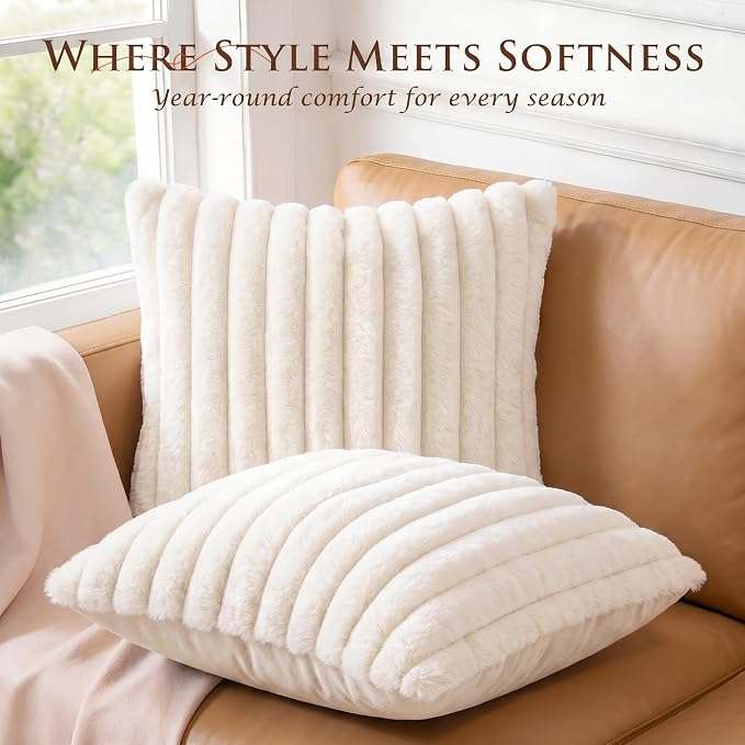 Pack of 2 Throw Pillow Covers 20x20 Decorative Solid Plush Faux Fur with Soft Velvet Back, Square Striped Cushion Cases Modern Farmhouse Home Decor for Living Room Couch Sofa Bed Cream White