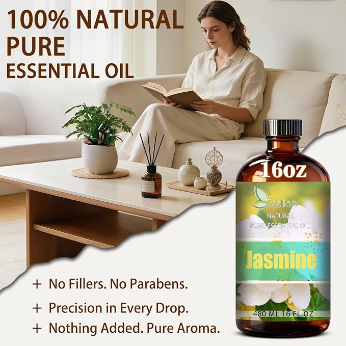 Jasmine Essential Oil - Jasmine Oil for Diffuser, 16 Fl Oz(480ml) | Candle Making, Soap Making, aroma, Strong Scent, Pure, Natural, Home Fragrance, Massage, Large Bottle