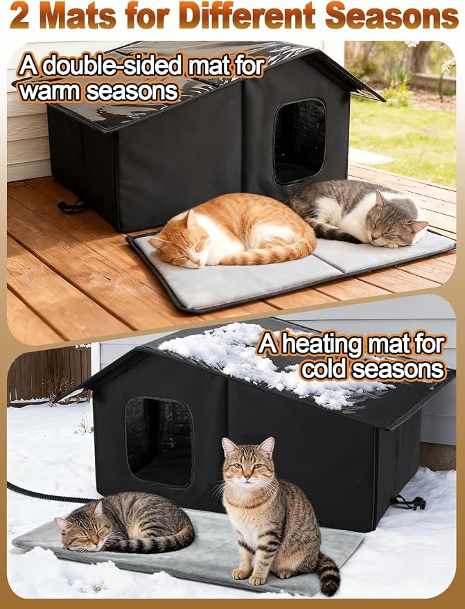 Weatherproof Heated Cat Houses for Outdoor Cats - Insulated Cat Shelter for Winter with Thermostatic Heating Pad and Escape Door, Warm Outside Pet House Gift for 2-3 Feral Cats (Black)