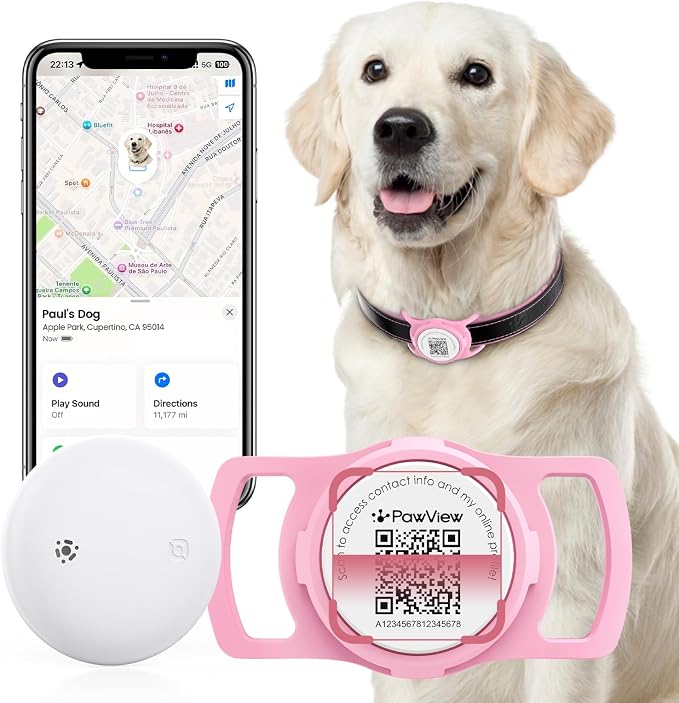 Smart Pet Tracker for Collar - Dog Trackers Location for Pet with Holder, No Monthly Fee, Real-Time Tracking, iOS Only, IPX6 Waterproof, Long-Lasting, Anti-Lost Tracker for Cats, Bag Straps,Pink
